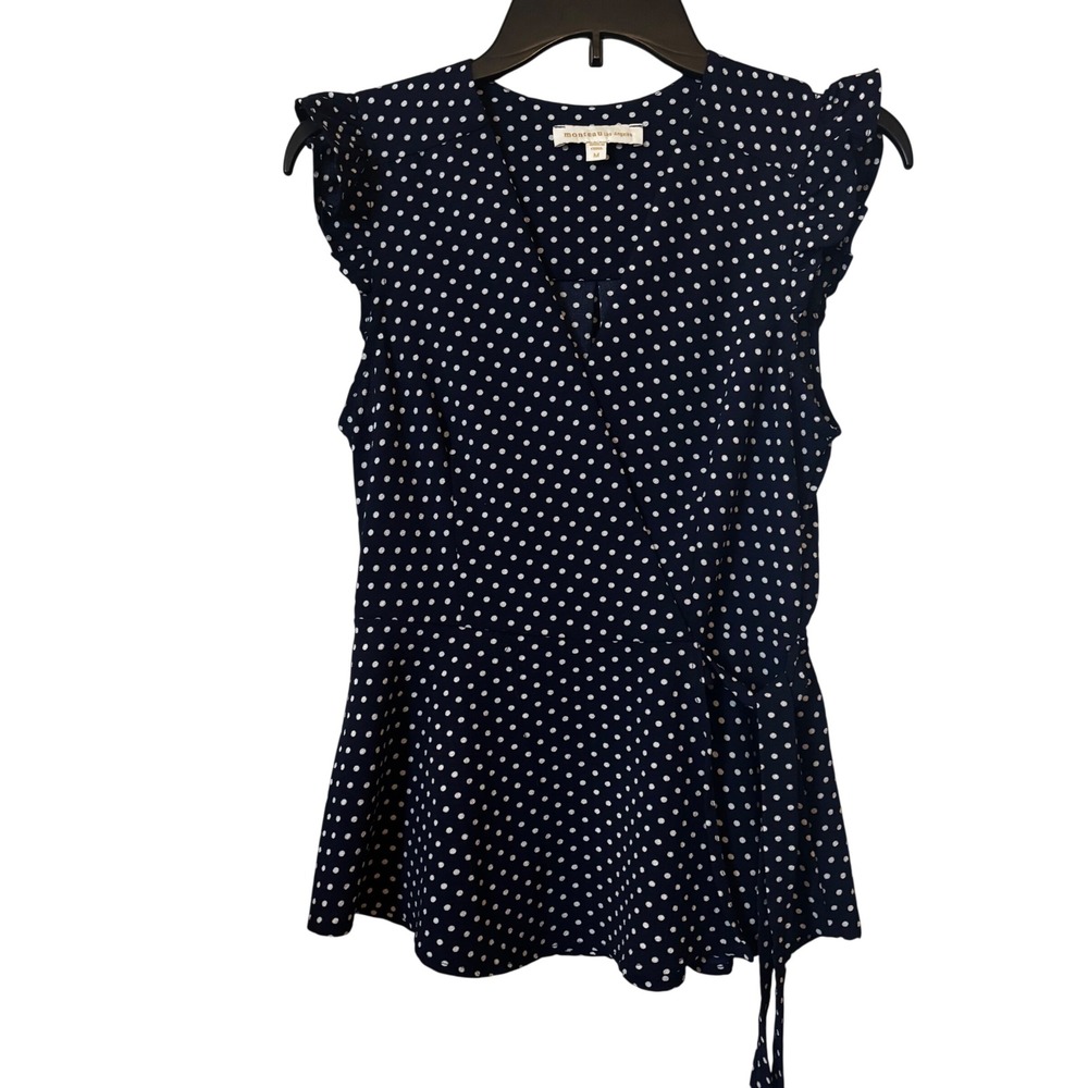 Monteau‎ LA Women's Sleeveless Blouse Medium Polka Dot Ruffled Navy White